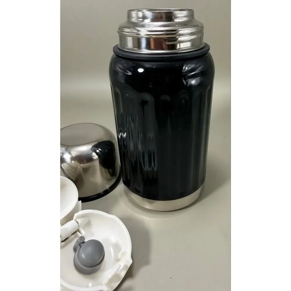New 16 Oz Insulated Stainless Steel Vacuum Flask Hot/Cold Twist Lid Strap Black